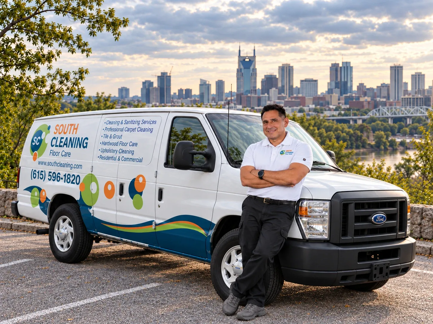 Pablo Trujillo and the South Cleaning Floor Care van with the Nashville skyline